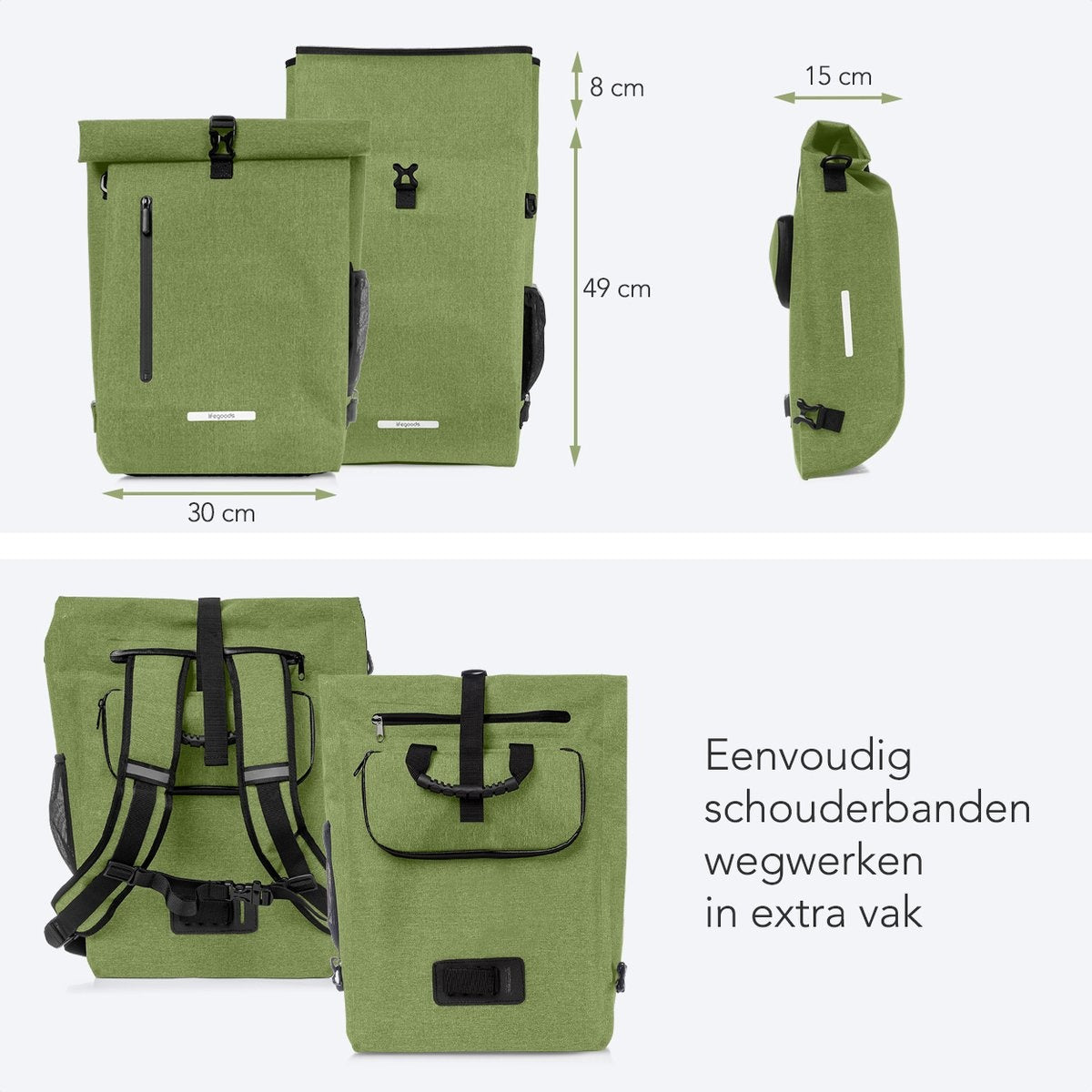 LifeGoods Enkele Fietstas - Compact - Schoudertas en Rugtas - 25L - Ronde Bagagedragers - Waterdicht - Olijfgroen