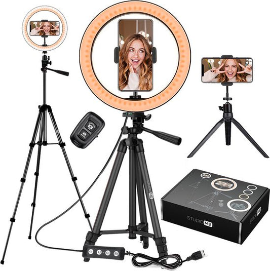 Studio ME Ringlamp met Statief 10 inch - Zwart - Ring Light - 30 Lichtstanden - Incl. Afstandsbediening & Mini Tripod - Ringlight - Ringlampen