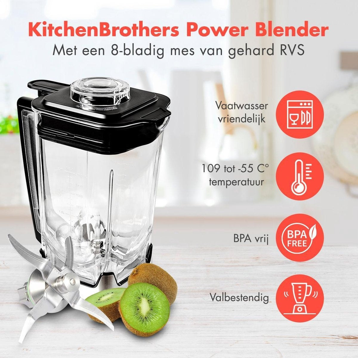 KitchenBrothers - Power Blender - 2000W - 2L - 8 standen/4 snelheden - Roestvrij staal