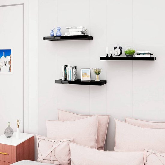 WOLTU Wandplank Zwart Hoogglans – 50 x 22,9 x 3,8 cm – Zwevende Houten Plank met Verborgen Bevestiging