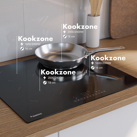 KitchenBrothers Inductiekookplaat – 4 Zones & Boostfunctie – 2400 W – 52 x 59 x 5,9 cm – Zwart