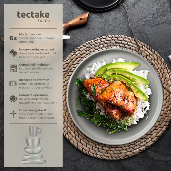 tectake® Serviesset Una - 30-delig - Aardewerk - 6 Persoons - Stijlvol en Duurzaam Servies - Bordenset met Grote en Kleine Borden, Kommen, Schaaltjes - Kopjes - Grijs