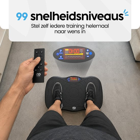 Infinity Goods Trilplaat Premium - Trilplaat Fitness - Inclusief Weerstandsbanden En Handvatten - Powerplate - 5 Tainingsprogramma’s - 99 Snelheidsniveaus - Bluetooth Muziek - Zwart