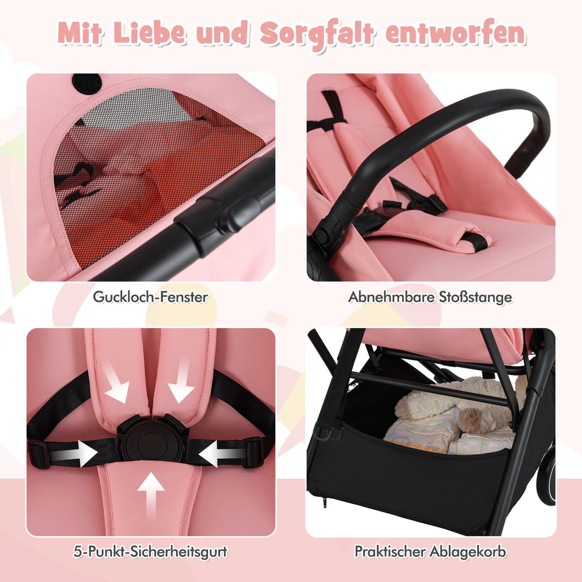 Coast Kinderwagen - inklapbaar reisbuggy - verstelbare rugleuning en voetsteun - roze