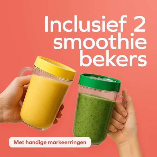 KitchenBrothers Smoothie Blender - 2-in-1 - Blender om mee te nemen - 4 Bekers - Smoothie Maker om mee te nemen - Mini Blender - Zilver