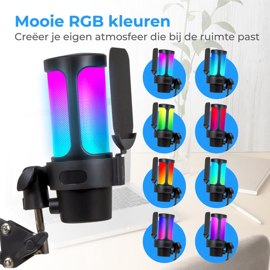Nuvance - USB Microfoon met Arm - voor PC en Gaming Microfoon - met Ruisfilter - Inclusief USB-C Converter - Streaming Microphone - RGB