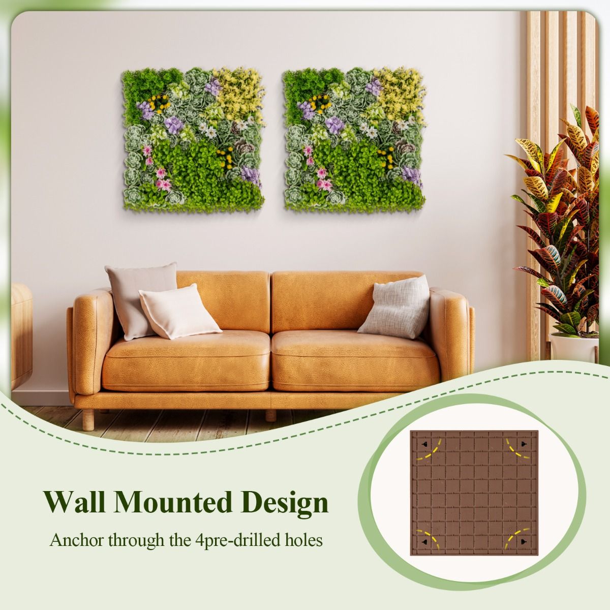 Coast Kunstplanten Wandpanelen - set van 2 - 3D kunsthaag - 10 soorten gemengde planten - 50 x 50 cm - groen en bruin