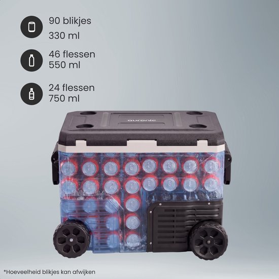 Auronic Elektrische Koelbox - Compressor - 64L - 12V en 240 volt - Camping Koelkast - Frigobox Auto - Met Wielen en Hendel - Zwart