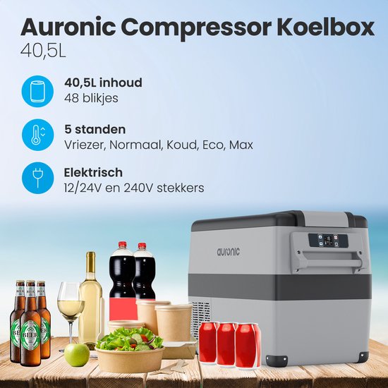 Auronic Compressor Koelbox Elektrisch 12V en 230 volt - Camping Koelkast - 5 Standen - 40.5L - Frigobox - Grijs