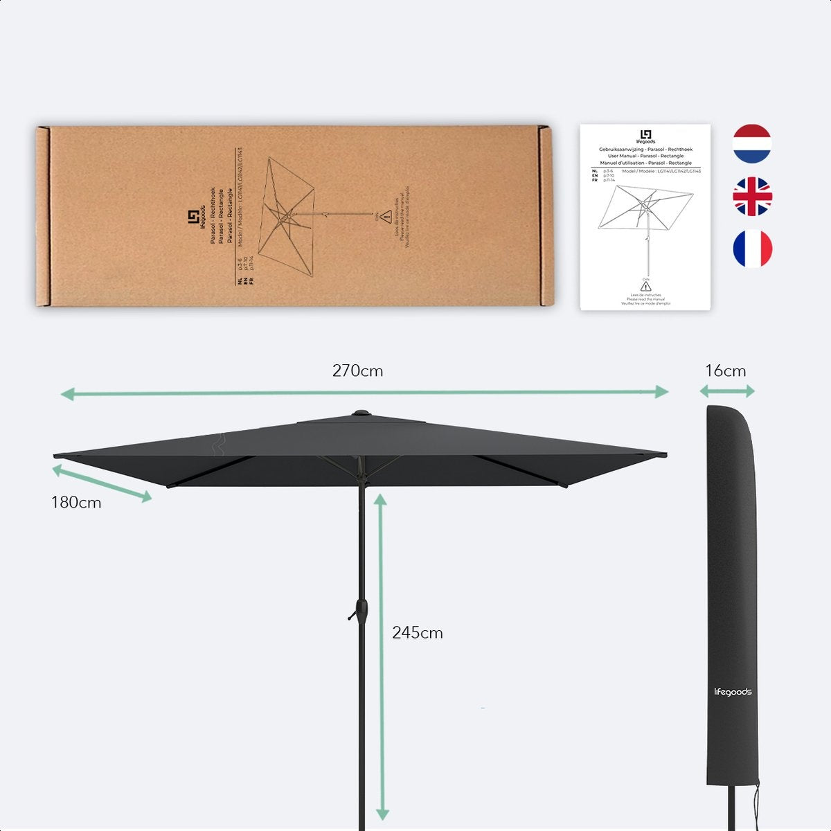 LifeGoods Parasol – Waterdicht & Kantelbaar – 270 x 180 x 245 cm – Donkergrijs