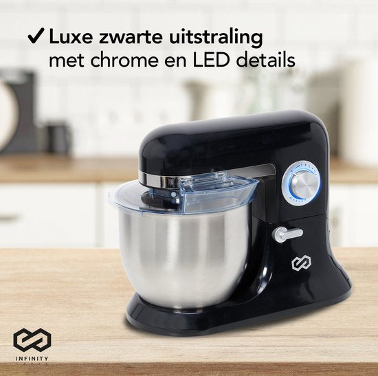 Infinity Goods Keukenmachine - Keukenmixer - 6,5L RVS Mengkom - Keukenrobot - Foodprocessor - Met Accessoires - 1600W - Zwart