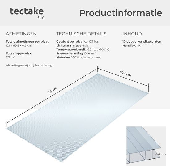 tectake® - Set van 10 Polycarbonaat Platen - Stevige lichtdoorlatende, UV-Bestendige dubbelwandige platen - 121 x 60,5 cm - 7,32m² totaal - Transparant - Broeikas plaat - 6mm dik