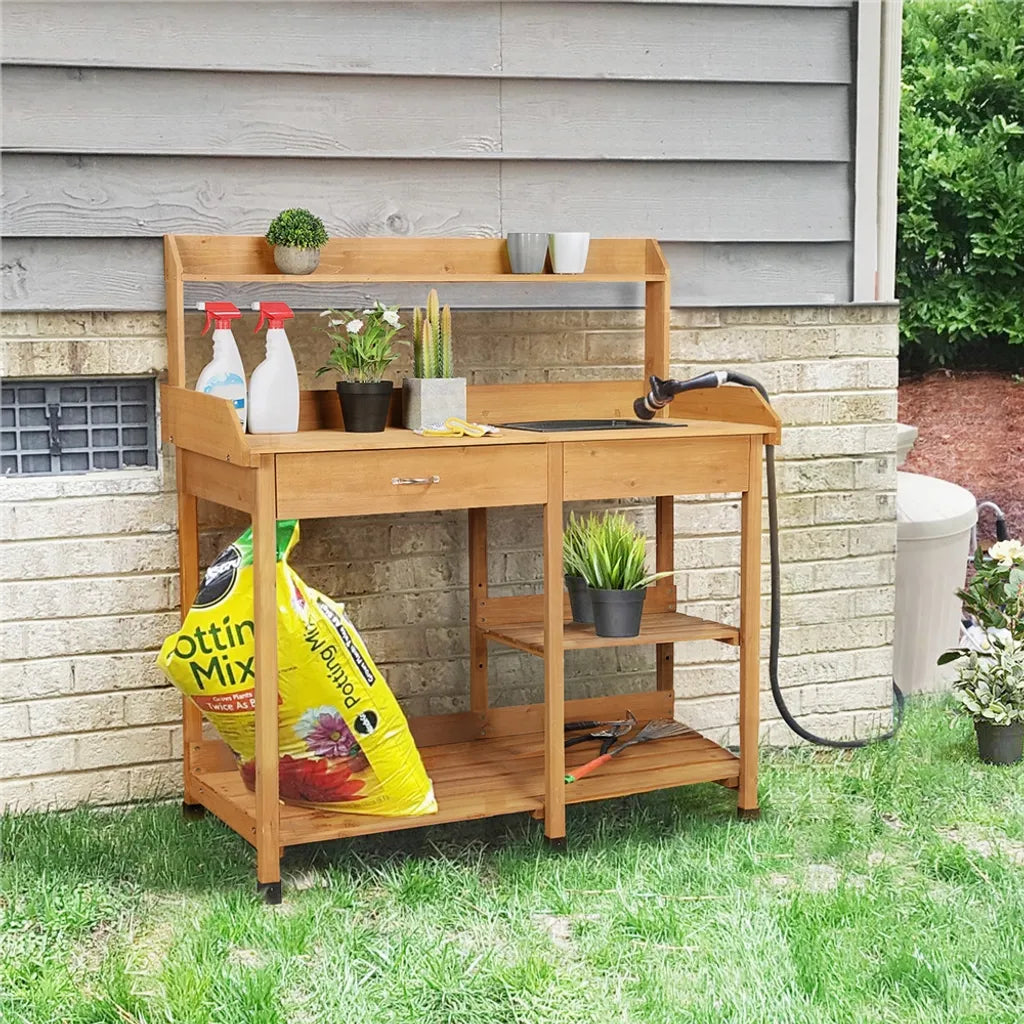 Yaheetech Planttafel - Met Wasbak - Verstelbare Plank - Tuinwerktafel - Houten Oppottafel - Weerbestendig