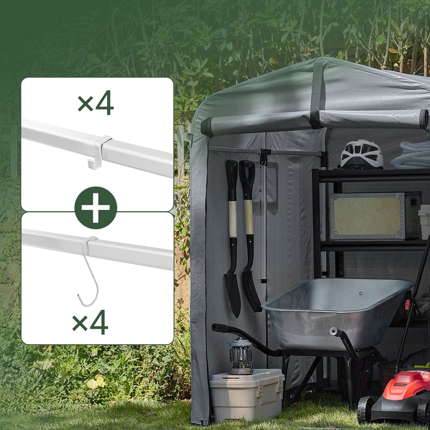 sobuy Tuinhuis voor buiten – waterdicht motorhuis met haken – fietsschuur & gereedschapopslag – grijs – 120 × 176 × 163 cm