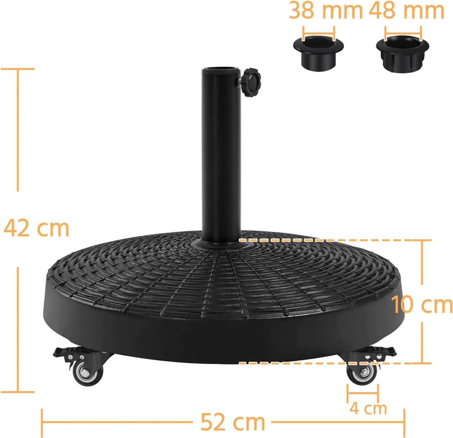 Yaheetech Parasolvoet Op Wielen 24 kg – Voorzien Van 4 Zwenkwielen Met Rem En Twee Adapters Voor Ø 38 mm En Ø 48 mm – Voor Terras En Tuin – Zwart Kunsthars En Metaal – 52 x 52 x 42 cm