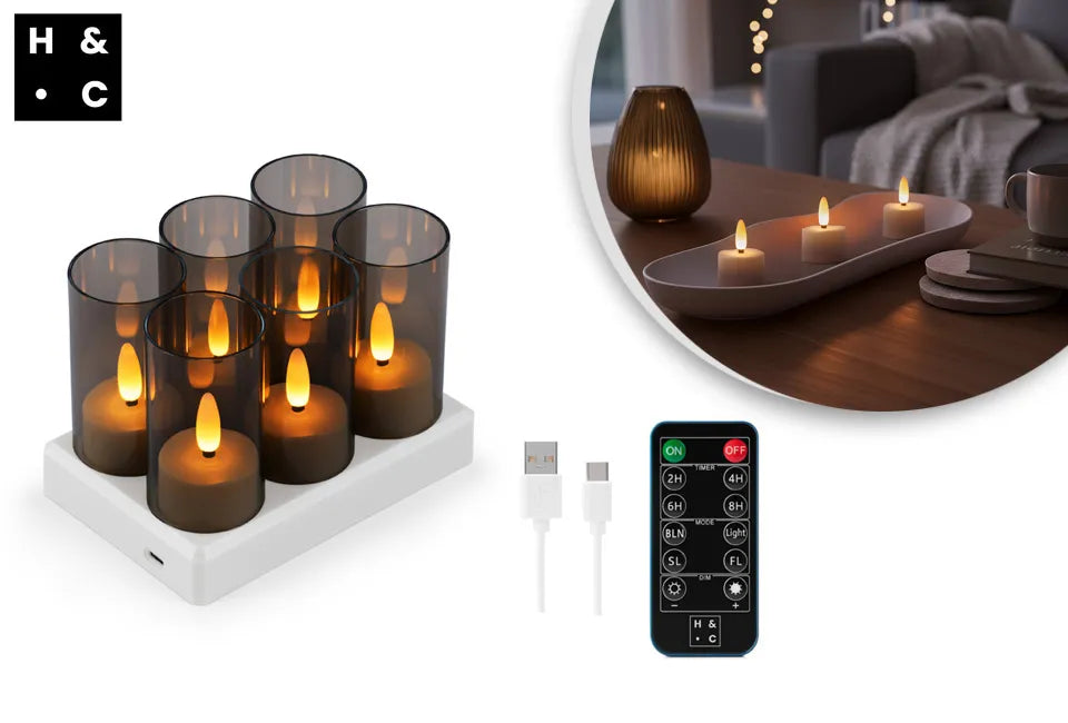 Home & Comfort - Oplaadbare LED Theelichtjes Set van 6 – Met Afstandsbediening – Dimbaar – 4 Lichtstanden – Inclusief Oplaadstation