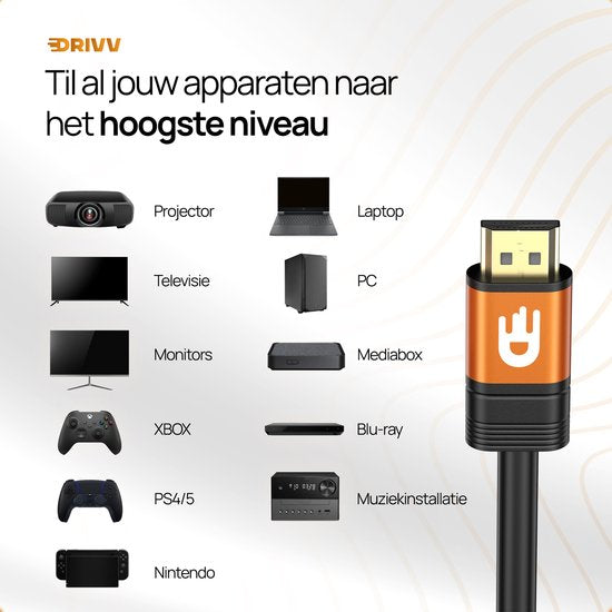 Drivv. Premium HDMI Kabel 2.1 - Ultra HD - 8K 60Hz - 4K 120Hz - Geschikt voor Xbox Series X & PS5 - 1 meter - Oranje