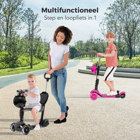 LifeGoods MultiRider - Kinderstep - Duwstang - 2 Lichtgevende Wielen - Zwart
