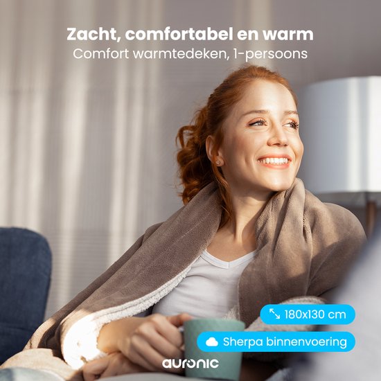 Auronic Elektrische Deken - Warmtedeken - Sherpa Fleece - 9 Warmtestanden - 180x130 - 1 persoons - Taupe