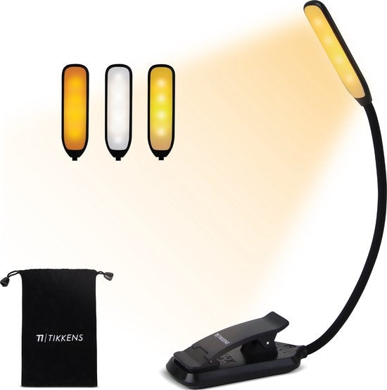 Tikkens LED Leeslampje voor Boek - Nachtkastje Leeslamp voor in bed - Boeklamp USB Oplaadbaar met Klem - Boeklampje met 3 Lichtstanden