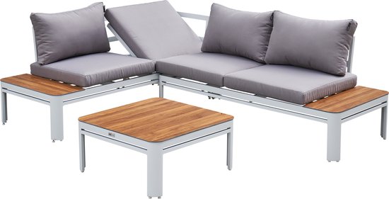 AXI Eos Loungeset met ligbed Wit met Hout-look PSPC – Hoekset met tafel - Gepoedercoat aluminium frame – Geïntegreerd ligbed - PSPC tafelblad