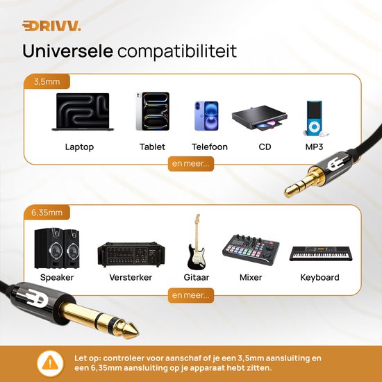 Drivv. Premium 3,5 mm Jack naar 6,35 mm Kabel - Jack Kabel - Audio Kabel - 3 meter