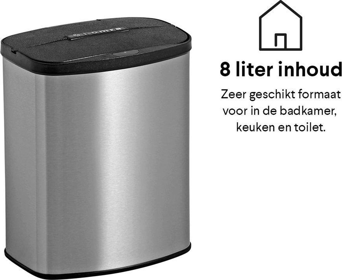 Homra IXXA Prullenbak met Sensor - 8 Liter - RVS - Toilet Afvalemmer - Badkamer Afvalbak - Automatische Deksel