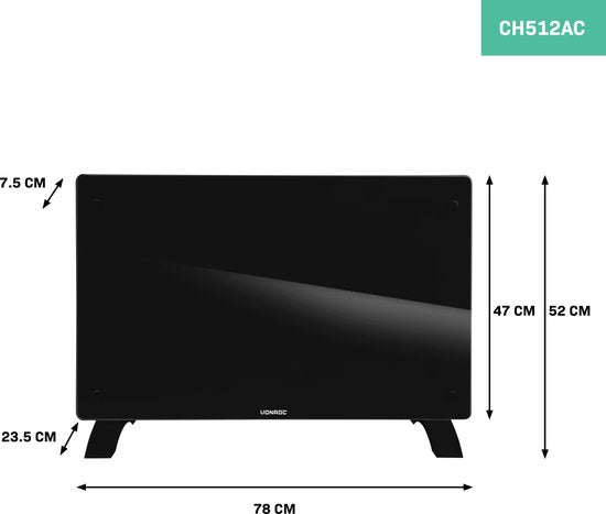VONROC – Elektrische Kachel Convector – 2000W & Met Wifi Besturing – Voorzien Van Led-Display En Timer – Voor Ruimtes Tot 24 m² – Zwart Glas