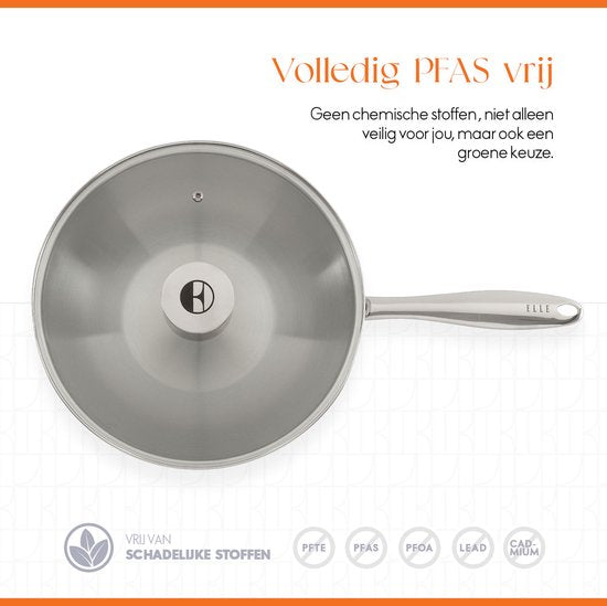 ELLE Gourmet Classique RVS Wokpan met Deksel - Ø 28 cm - PFAS vrij - Inductie