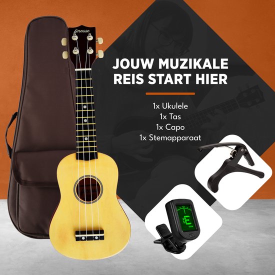 Finesse Ukelele - Starterset - 21" - Ukulele - Speelgoed Gitaar - Kind - Muziekinstrument - Houtkleurig