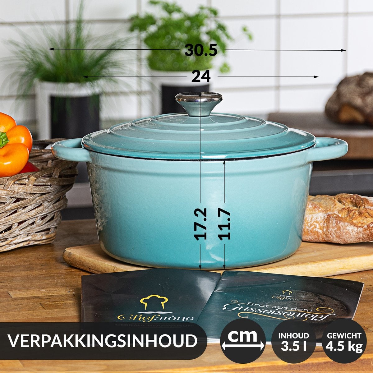 Chefarone Gietijzeren Pan – Braadpan – Inclusief Deksel – Geschikt Voor Alle Warmtebronnen – Geëmailleerd - Blauw