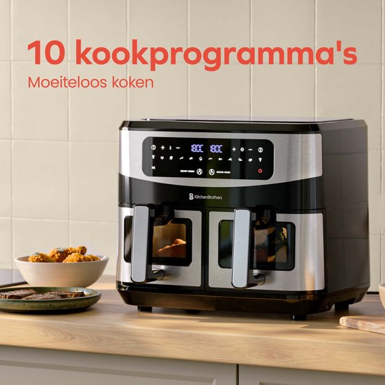 KitchenBrothers Dubbele Airfryer - 2400W - Dual Zone - 9L - Heteluchtfriteuse - Airfryer XXL - 2 x 4.5L - 10 Kookprogramma's - RVS/Zwart