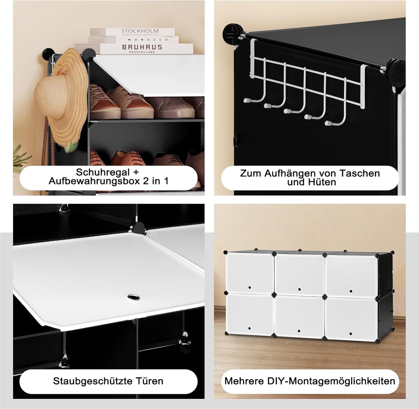 Woltu Schoenenrek met 6 Vakken - Opbergkast voor 24 Paar Schoenen - Wit/Zwart - 94 x 36,5 x 109 cm
