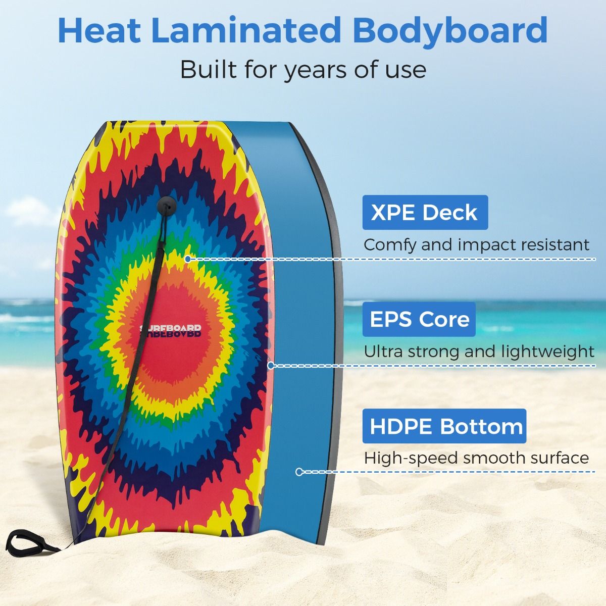 Coast Bodyboard - lichtgewicht - halvemaanvormige achterkant - met polsband - 104 cm