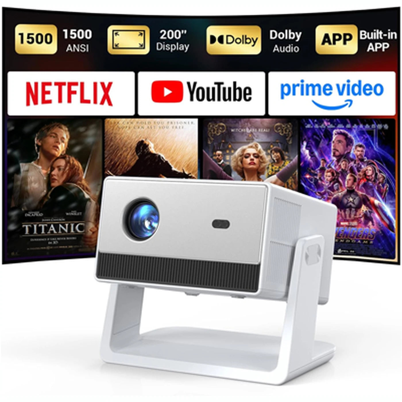 FunFlix Slimme Projector - WiFi 6 & Bluetooth 5.2 - Native 1080p met 4K Ondersteuning - Dolby Audio - 200 Inch Beeldscherm - Autofocus