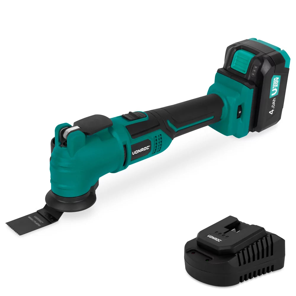 VONROC Accu Multitool 20V - met schraapmes, invalzaagblad, schuurzool en schuurpapier - 6 snelheden: 7.000 - 19.000 rpm - Incl. 4.0Ah accu en snellader