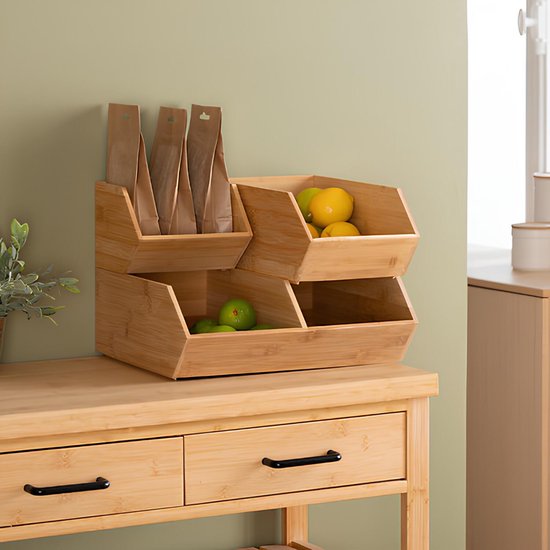 5Five Stapelbare opbergmand 1 vaks organizer - L18 x B15.5 x H12 cm - bamboe hout - lichtbruin