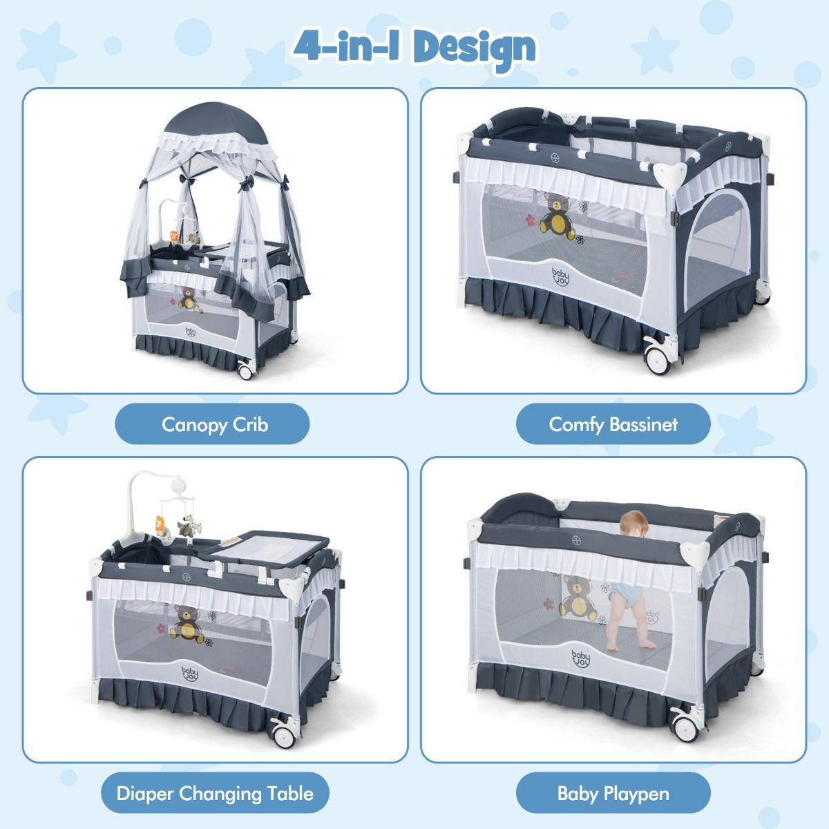 Coast Opvouwbaar Ledikant - 4-in-1 babybed met luiertafel en muziekdoos - grijs