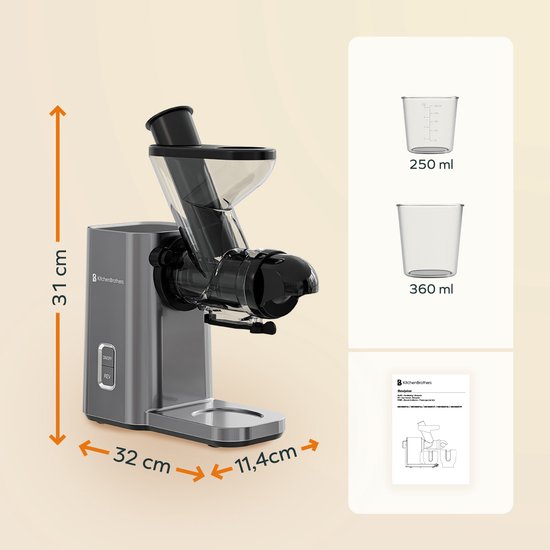KitchenBrothers Slowjuicer - Mini Juicer - Groenten en Fruitpers - 40 mm en 50 mm invoer - 400 ml - Grijs