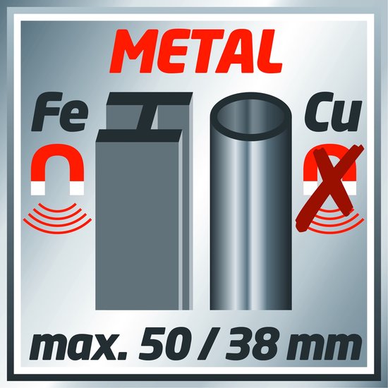 Einhell Digitale Leidingzoeker TC-MD 50 - Detectiediepte hout: 19 mm - metaal: 19 mm - ijzer: 50 mm - koper: 38 mm - geleiders: 50 mm