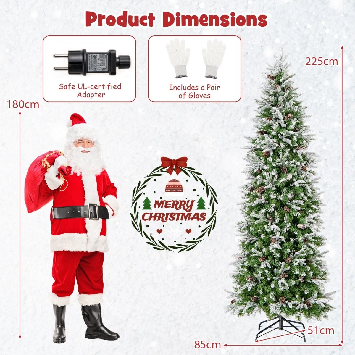 Coast Kunstkerstboom 225 cm Groen/Wit – Voorverlicht met Warmwitte LED – Scharnierconstructie – 913 Takken – Met Sneeuw en Dennenappels