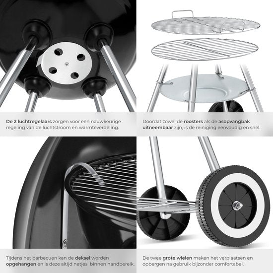 tectake® Houtskool Barbecue - Kogel BBQ - Ø 41,5 cm Grillplaat - Grill met 2 Wielen - Smoker met Deksel - Rond - Zwart - Metaal