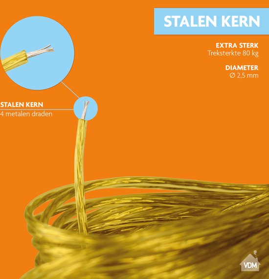 LaundrySpecialist Waslijn - Waslijndraad - Wasdraad - Waslijndraad met stalen kern - 35 meter met stalen kern - Geel