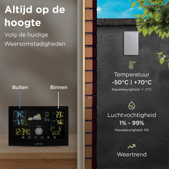 LONQ Weerstation Binnen en Buiten Q3 - Incl. Batterijen - Draadloos Weerstation met Buitensensor - Thermometer Hygrometer - Touchscreen Kleurendisplay - DCF Gestuurde Klok