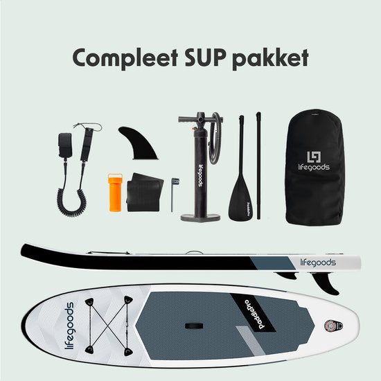 LifeGoods SUP Board Allround Compact - Met Zitje - 100 KG Draagkracht - 300 x 76 cm - Opblaasbaar - Compleet SUP pakket - Zwart/Wit