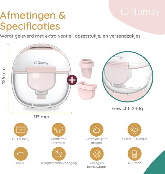 Numsy Elektrische Draadloze Borstkolf Enkel - Handsfree - BPA Vrij - Enkele