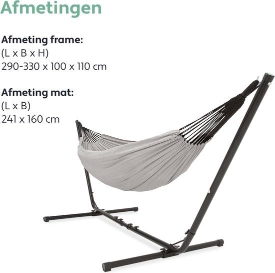 Vita5 Hangmat met Standaard – 2 Persoons – Verstelbare Lengte – Incl. Draagtas – Draaggewicht 205 kg – Grijs