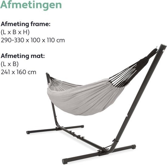 Vita5 Hangmat met Standaard – 2 Persoons – Verstelbare Lengte – Incl. Draagtas – Draaggewicht 205 kg – Grijs