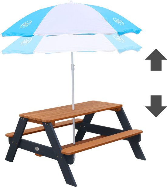 AXI Nick Picknicktafel Antraciet/bruin - Parasol Blauw/wit - Picknick tafel voor kinderen van FSC hout
