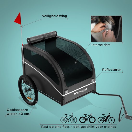 Trevopet® Hondenfietskar - Opvouwbare Fietskar Hond - Hondenkar - Geschikt voor E-Bikes - Tot 40 kg - Voor Middelgrote & Grote Honden - Zwart